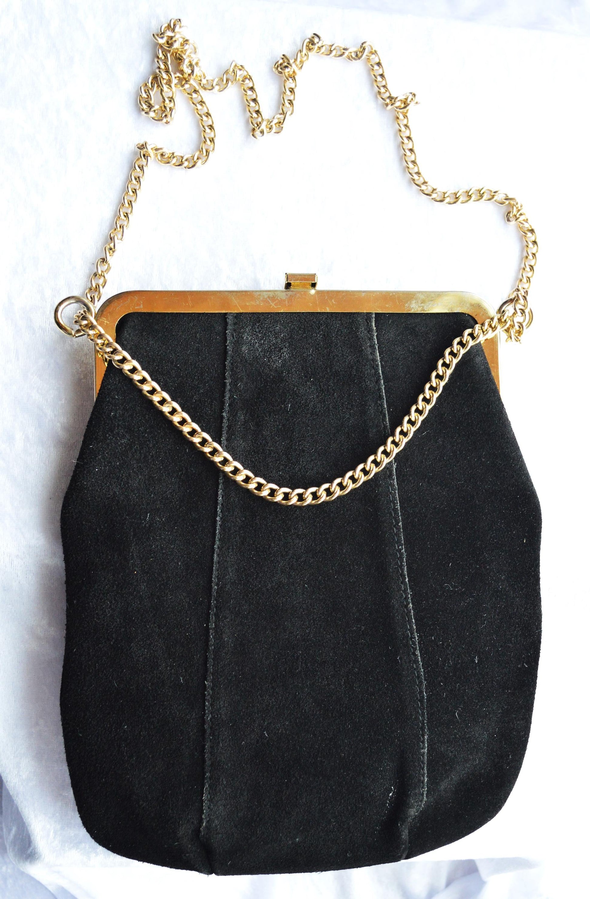 Vintage Black Suede Shoulder Bag with Gold Toned Chain and Trim
