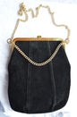 Vintage Black Suede Shoulder Bag with Gold Toned Chain and Trim