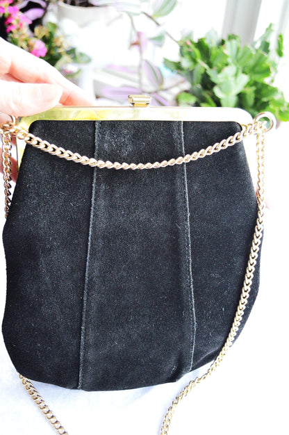 Vintage Black Suede Shoulder Bag with Gold Toned Chain and Trim