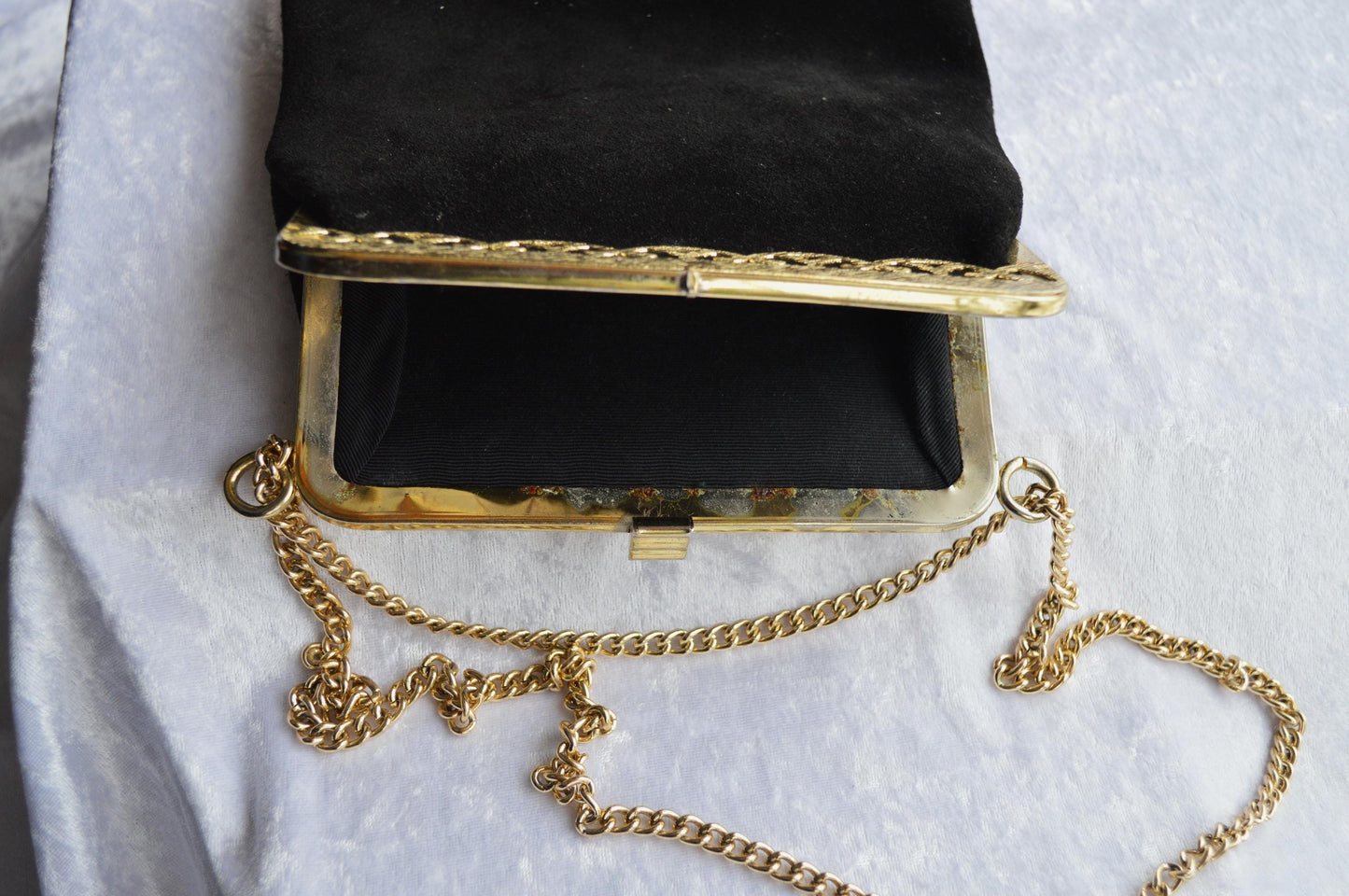 Vintage Black Suede Shoulder Bag with Gold Toned Chain and Trim