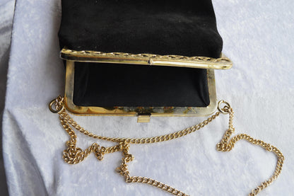 Vintage Black Suede Shoulder Bag with Gold Toned Chain and Trim