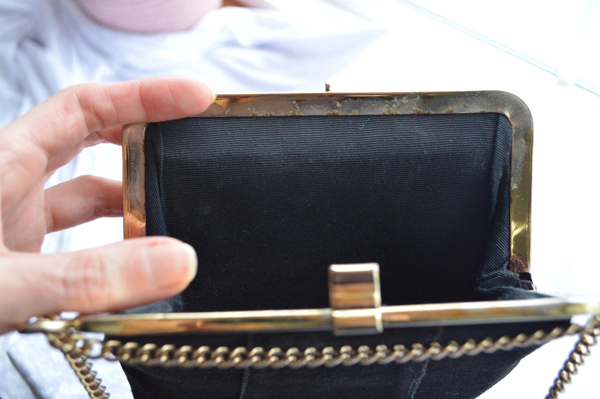 Vintage Black Suede Shoulder Bag with Gold Toned Chain and Trim