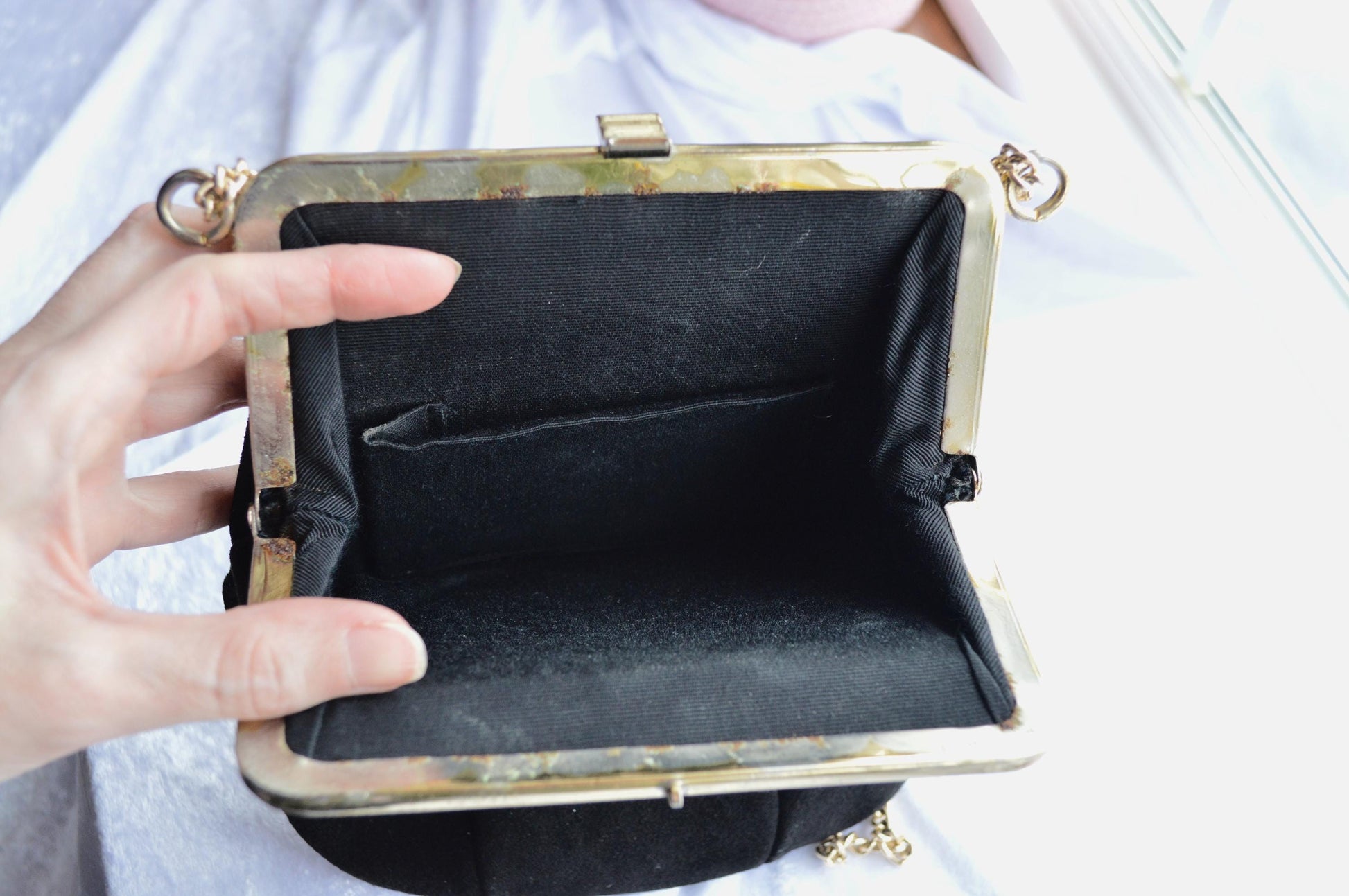 Vintage Black Suede Shoulder Bag with Gold Toned Chain and Trim