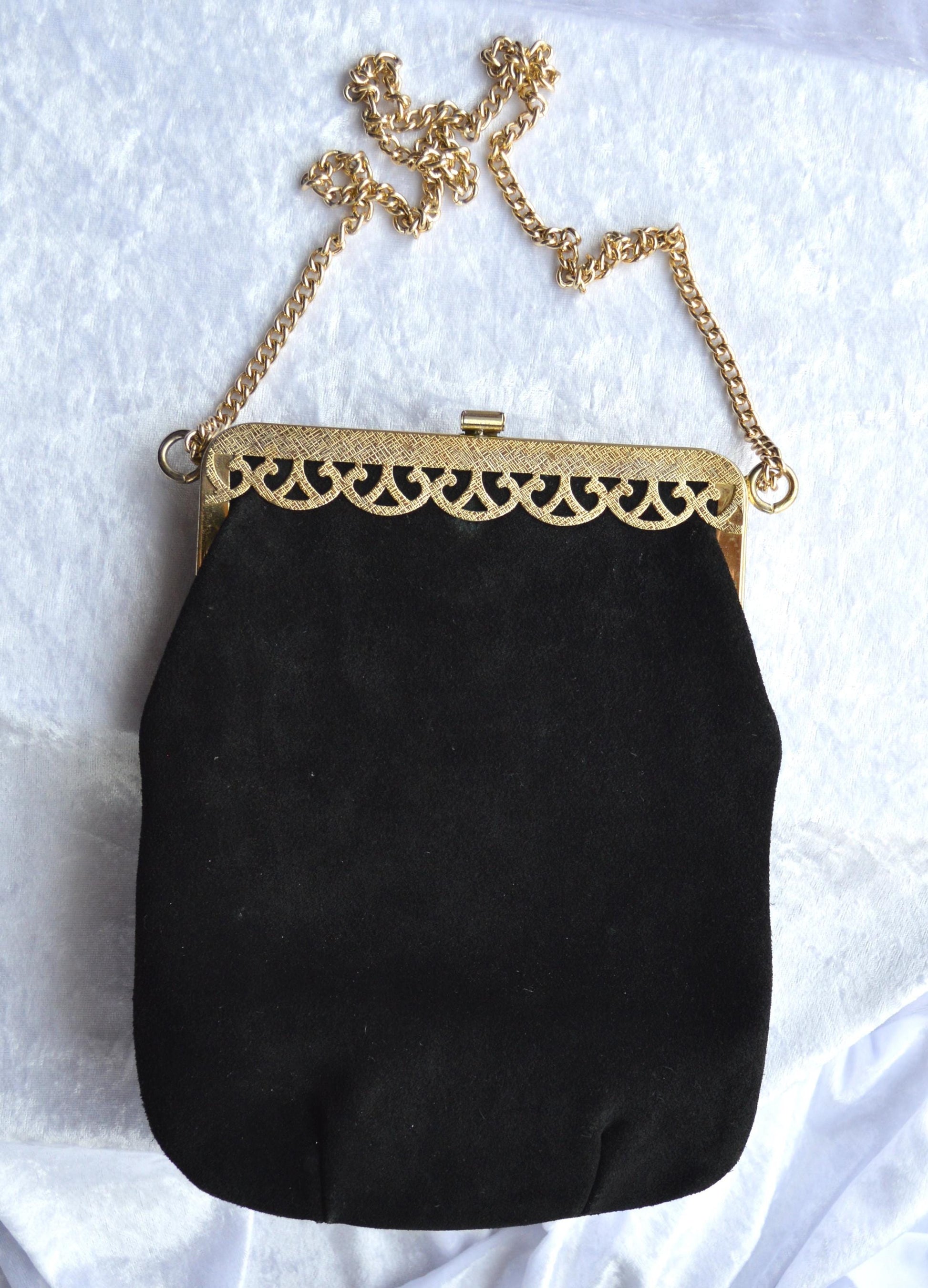 Vintage Black Suede Shoulder Bag with Gold Toned Chain and Trim