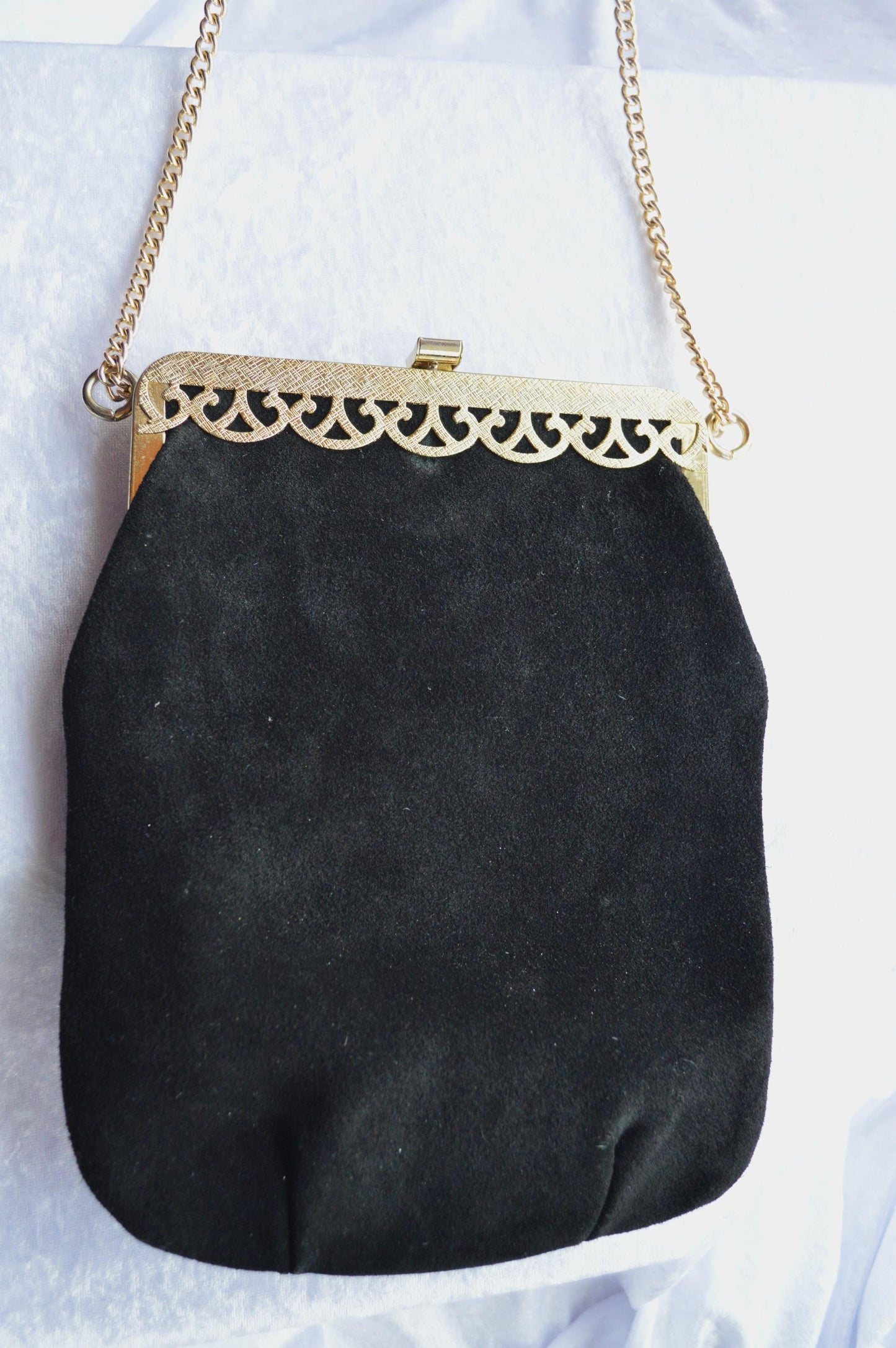 Vintage Black Suede Shoulder Bag with Gold Toned Chain and Trim