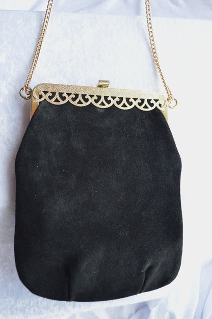 Vintage Black Suede Shoulder Bag with Gold Toned Chain and Trim