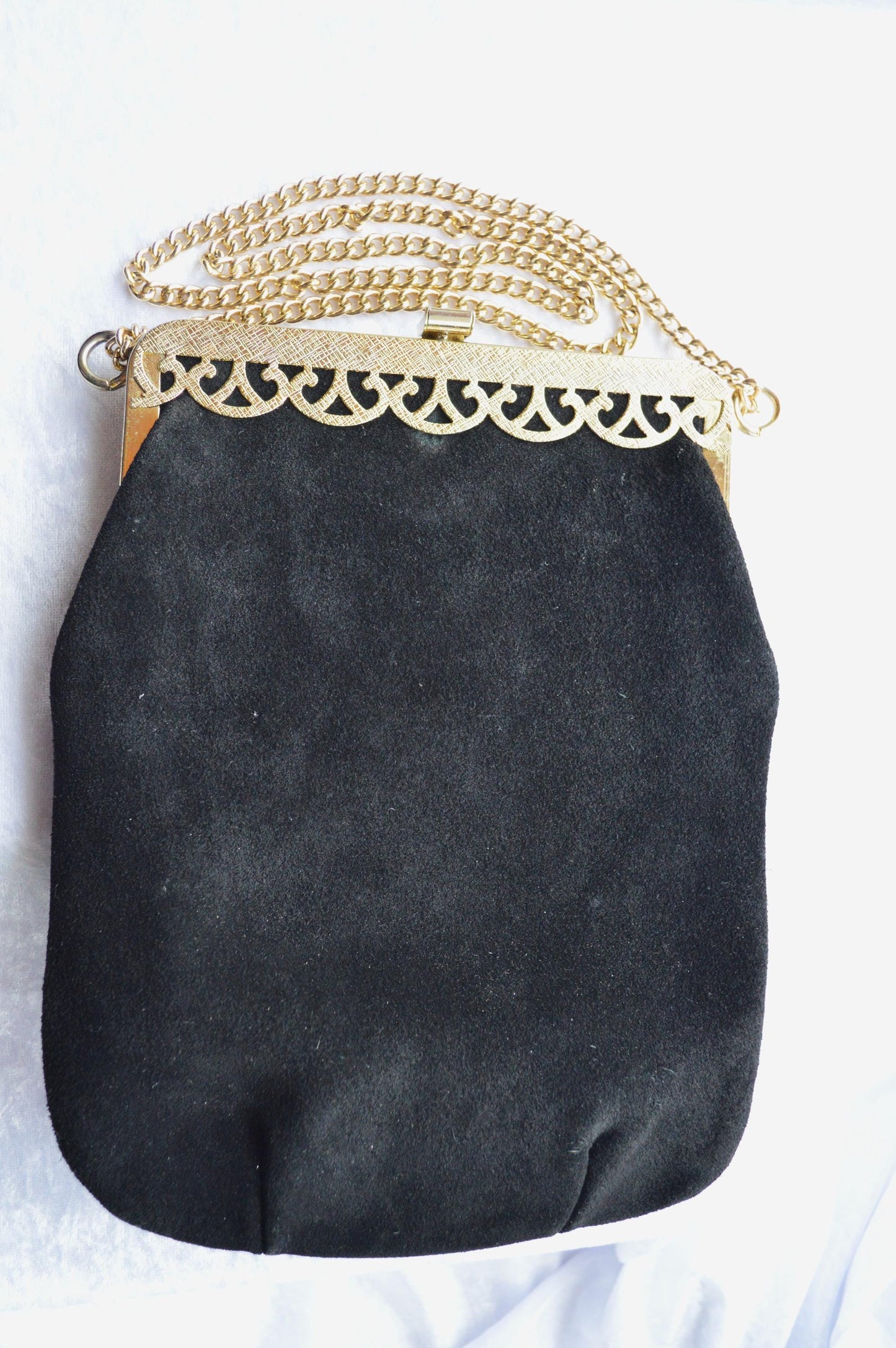 Vintage Black Suede Shoulder Bag with Gold Toned Chain and Trim