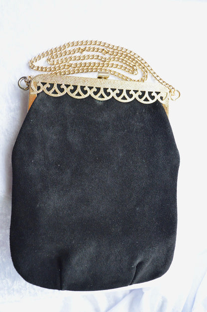 Vintage Black Suede Shoulder Bag with Gold Toned Chain and Trim