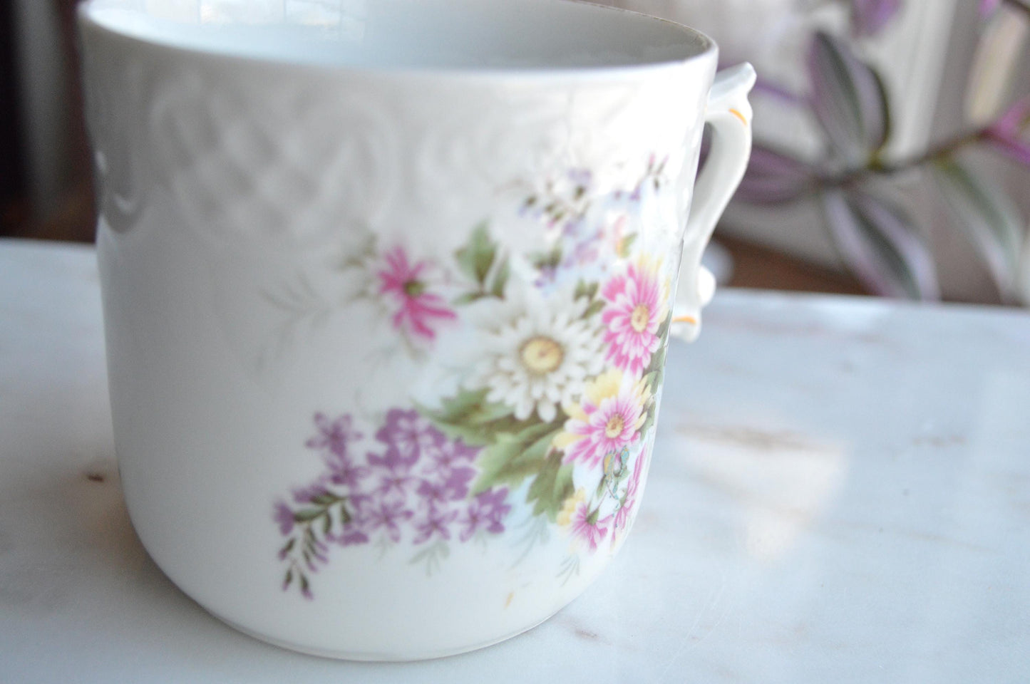 Antique Floral Munich Germany Munchner Kindl Porcelain Coffee Mug with Raised Embossing Detail