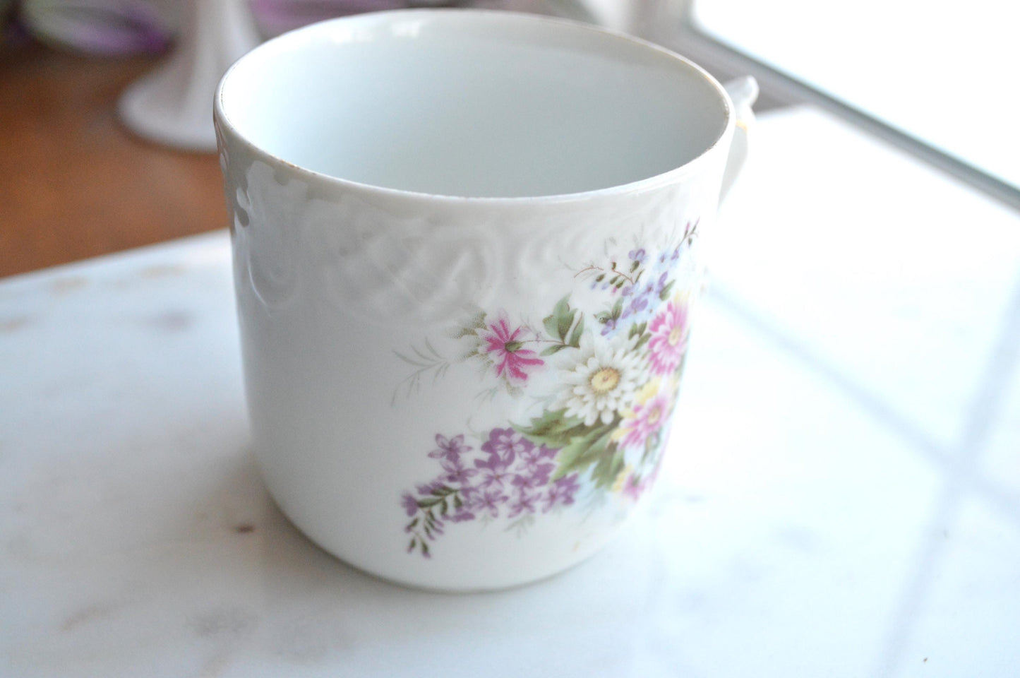 Antique Floral Munich Germany Munchner Kindl Porcelain Coffee Mug with Raised Embossing Detail