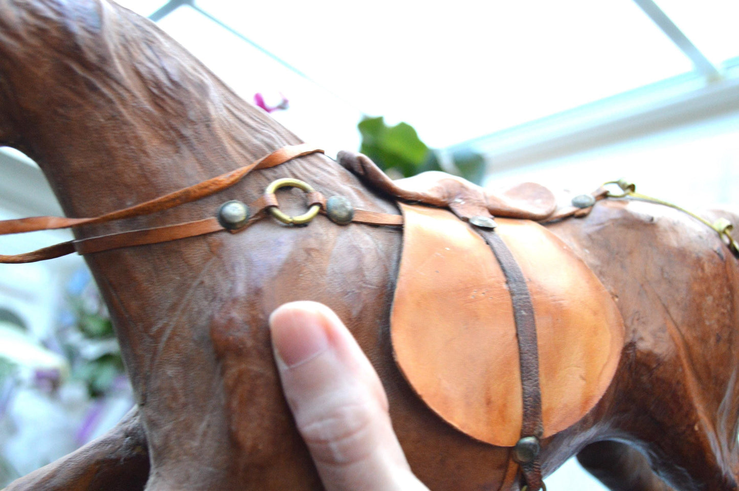 Antique Handmade Leather-Wrapped Rearing Horse Sculpture Figure, Equestrian Decor