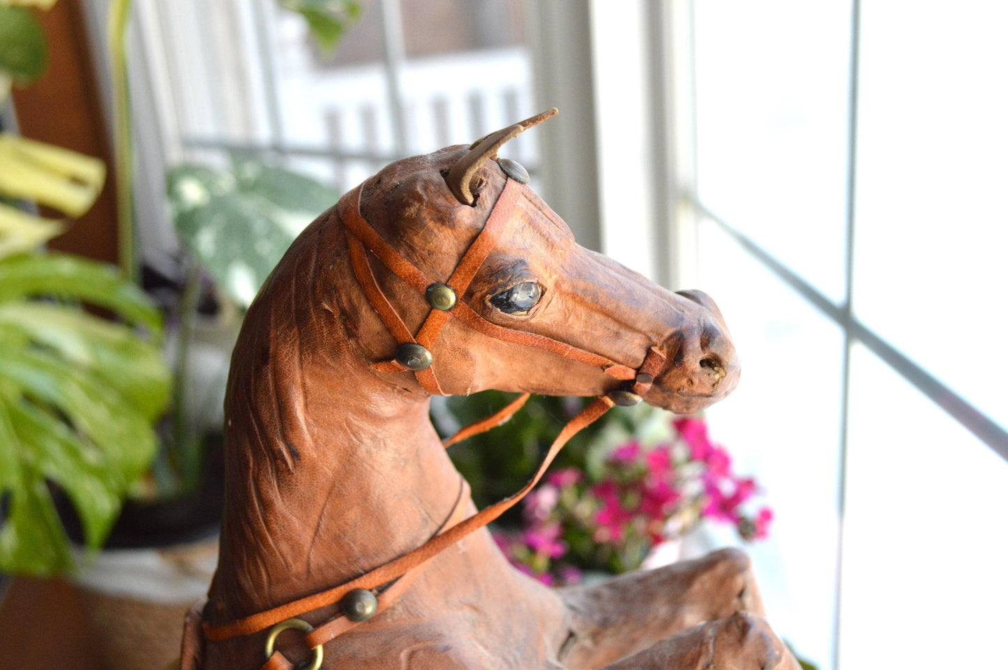 Antique Handmade Leather-Wrapped Rearing Horse Sculpture Figure, Equestrian Decor