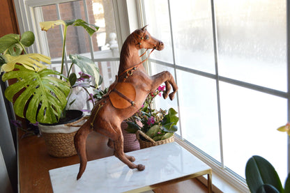 Antique Handmade Leather-Wrapped Rearing Horse Sculpture Figure, Equestrian Decor