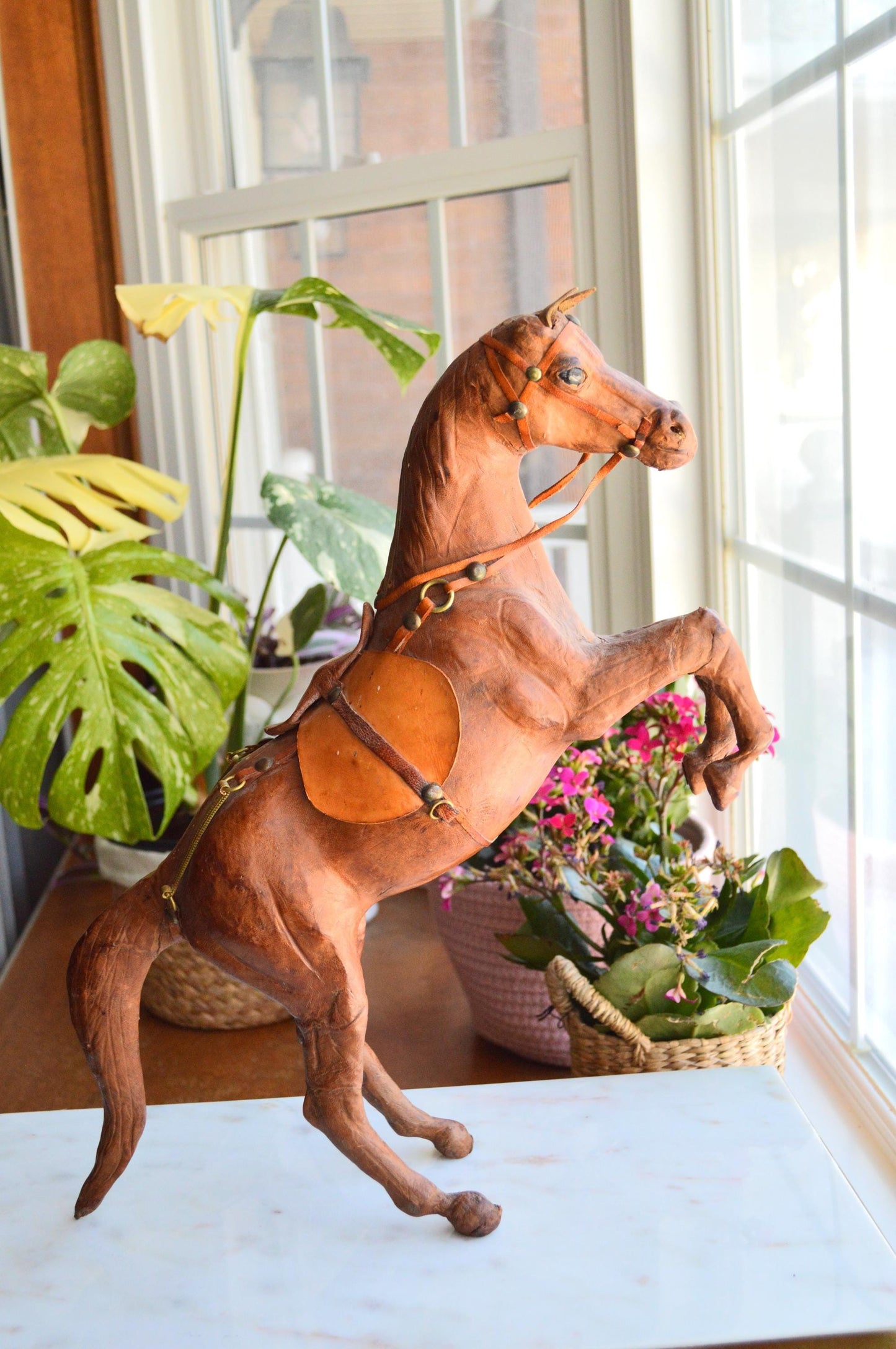 Antique Handmade Leather-Wrapped Rearing Horse Sculpture Figure, Equestrian Decor