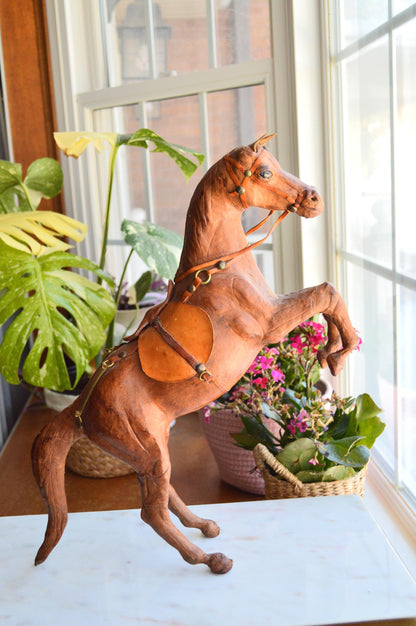 Antique Handmade Leather-Wrapped Rearing Horse Sculpture Figure, Equestrian Decor