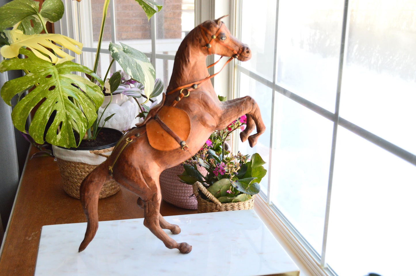 Antique Handmade Leather-Wrapped Rearing Horse Sculpture Figure, Equestrian Decor