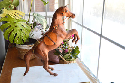 Antique Handmade Leather-Wrapped Rearing Horse Sculpture Figure, Equestrian Decor