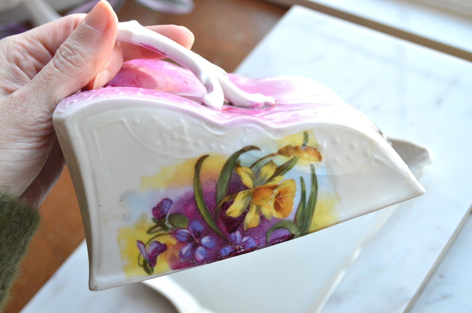 Antique Victorian Covered Cheese Dish Cloche, Handled Floral Design with Raised Pattern Detail