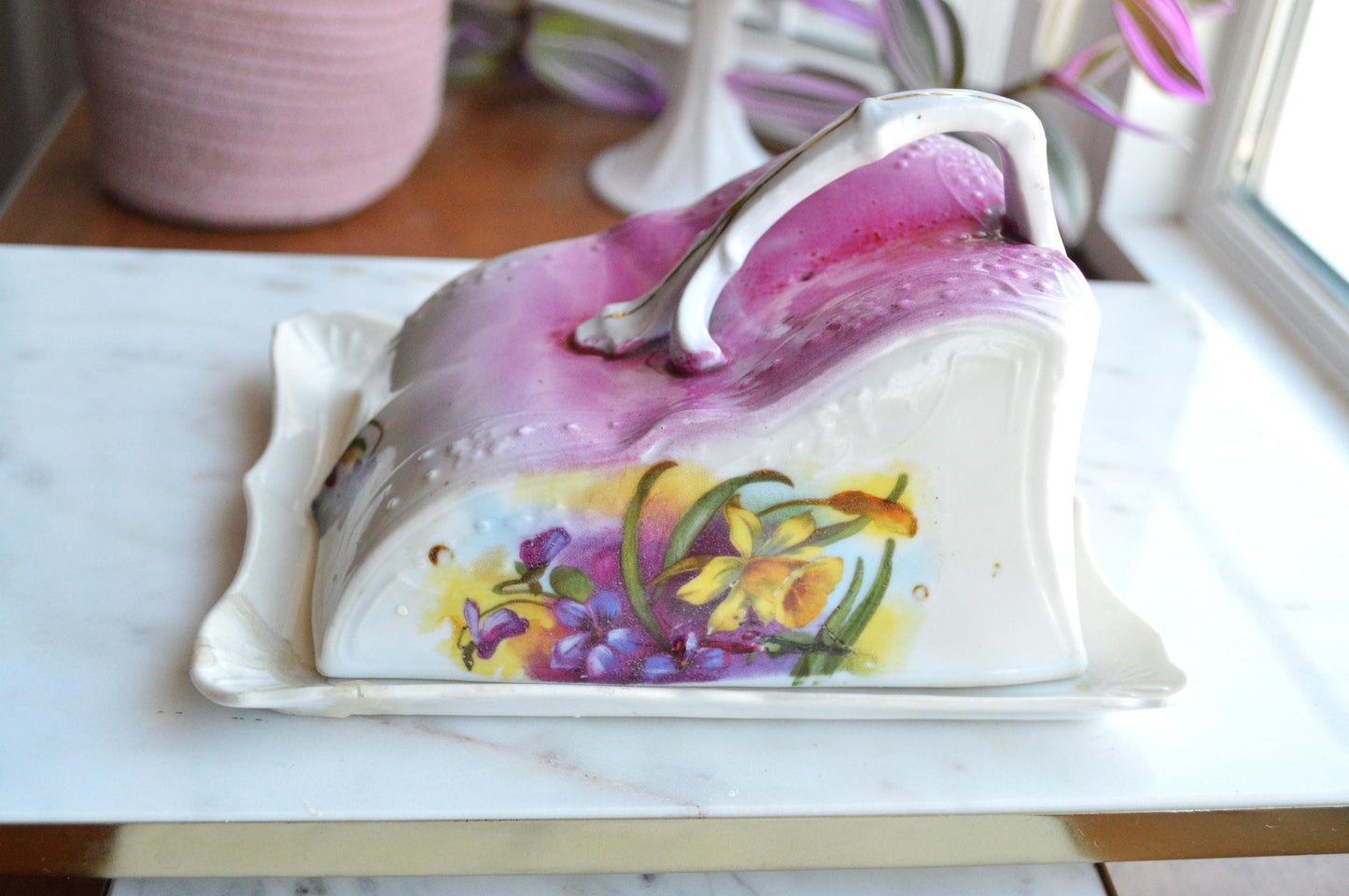 Antique Victorian Covered Cheese Dish Cloche, Handled Floral Design with Raised Pattern Detail