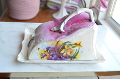 Antique Victorian Covered Cheese Dish Cloche, Handled Floral Design with Raised Pattern Detail