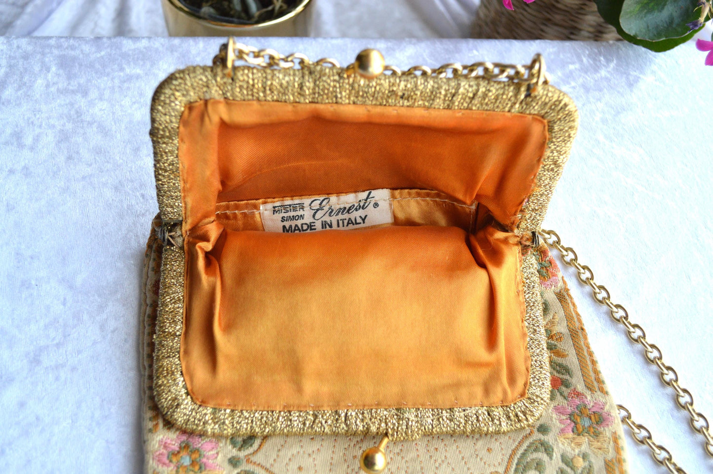 Antique Mister Simon Ernest Tapestry Evening Bag, Made in Italy, Gold Tone Frame & Chain