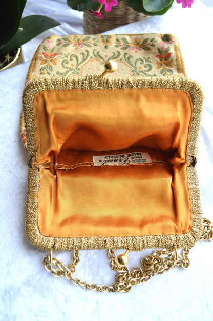 Antique Mister Simon Ernest Tapestry Evening Bag, Made in Italy, Gold Tone Frame & Chain