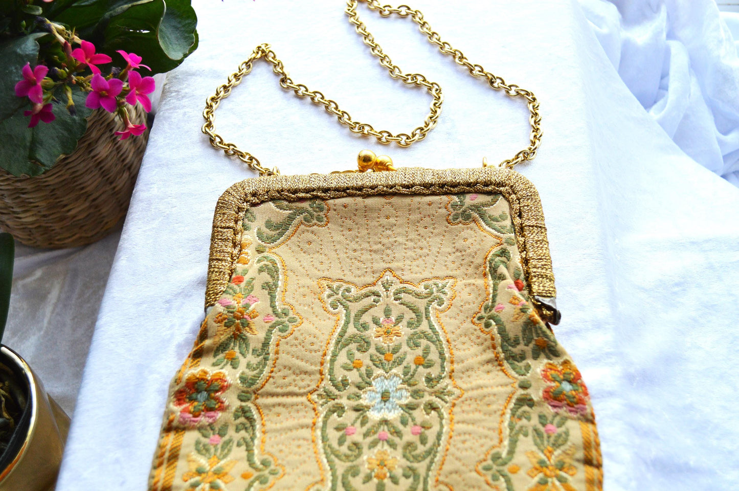Antique Mister Simon Ernest Tapestry Evening Bag, Made in Italy, Gold Tone Frame & Chain