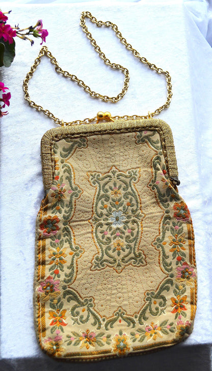Antique Mister Simon Ernest Tapestry Evening Bag, Made in Italy, Gold Tone Frame & Chain