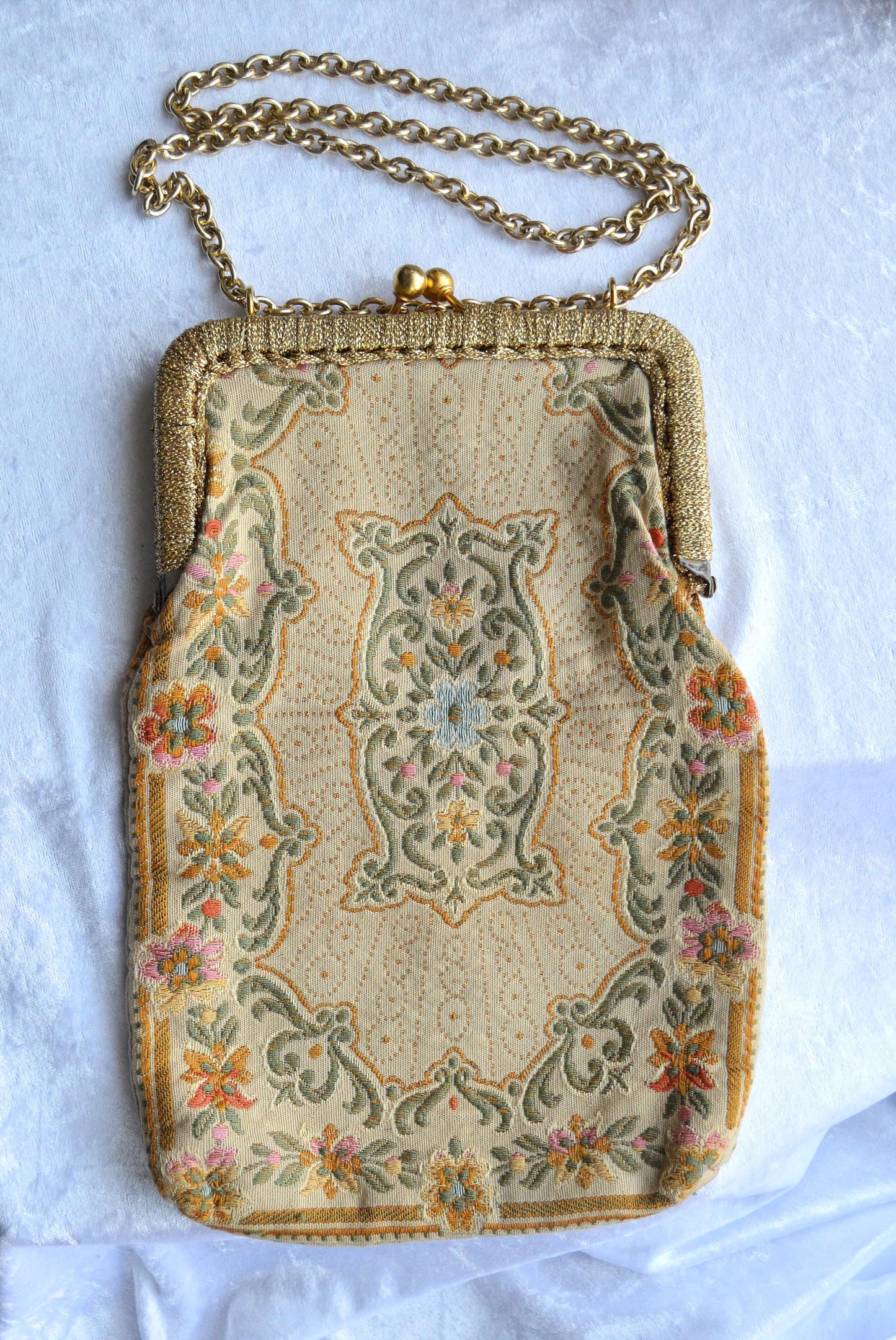 Antique Mister Simon Ernest Tapestry Evening Bag, Made in Italy, Gold Tone Frame & Chain