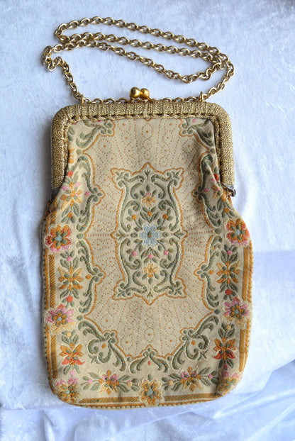 Antique Mister Simon Ernest Tapestry Evening Bag, Made in Italy, Gold Tone Frame & Chain