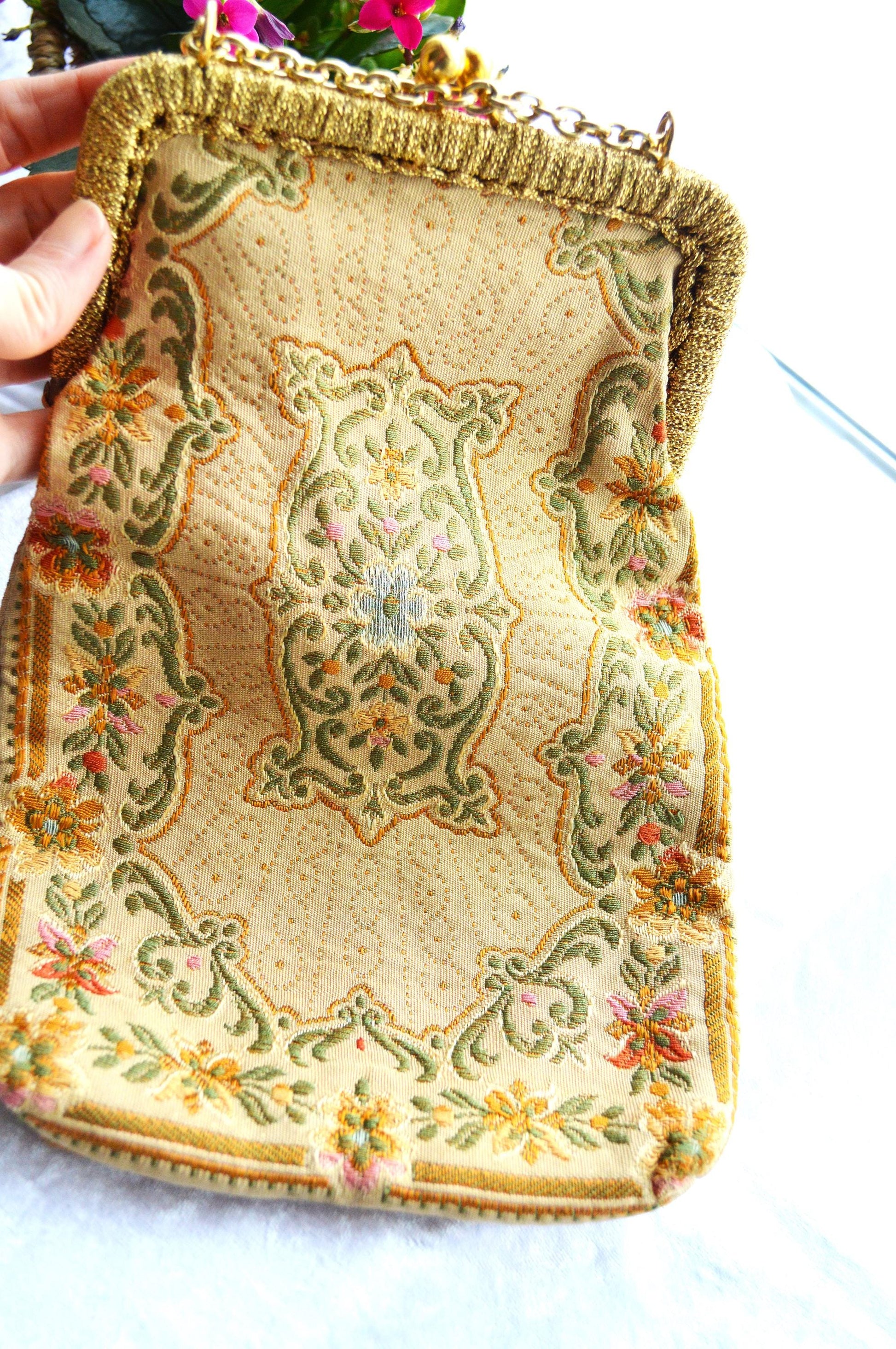 Antique Mister Simon Ernest Tapestry Evening Bag, Made in Italy, Gold Tone Frame & Chain