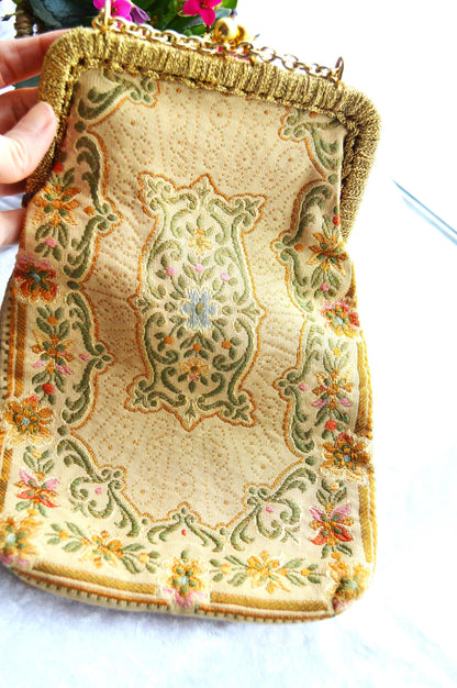 Antique Mister Simon Ernest Tapestry Evening Bag, Made in Italy, Gold Tone Frame & Chain