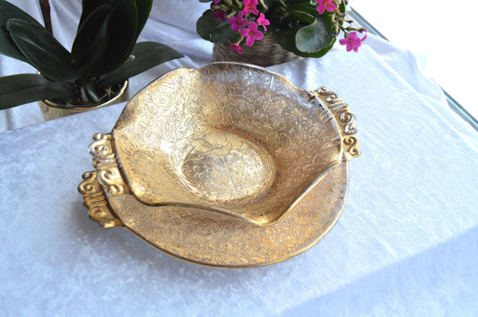 Vintage Golden Lace-Decorated Glass Bowl and Plate Set with Scroll Style Handles