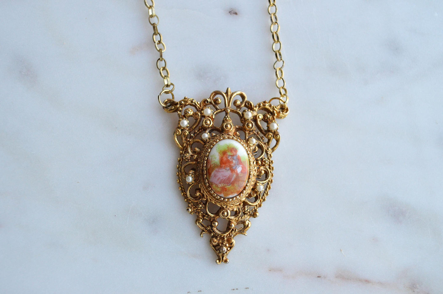 Vintage Mid-Century Victorian Revival Ornate Filigree Porcelain Pendant Necklace