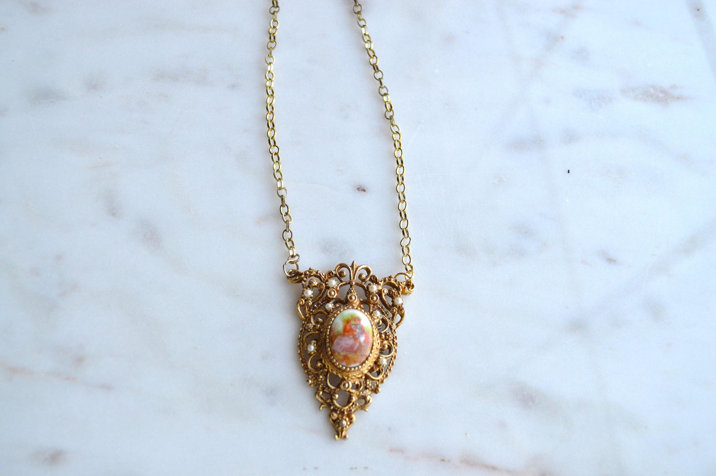 Vintage Mid-Century Victorian Revival Ornate Filigree Porcelain Pendant Necklace