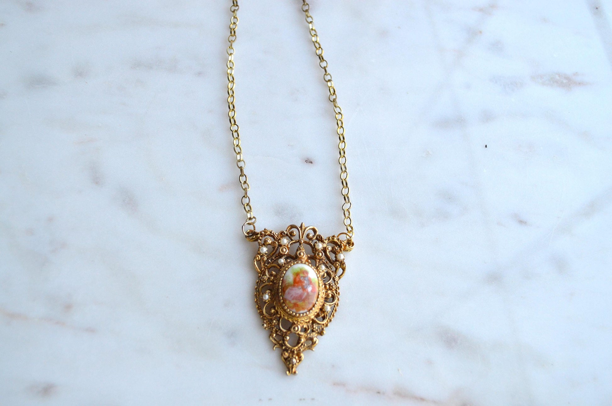 Vintage Mid-Century Victorian Revival Ornate Filigree Porcelain Pendant Necklace