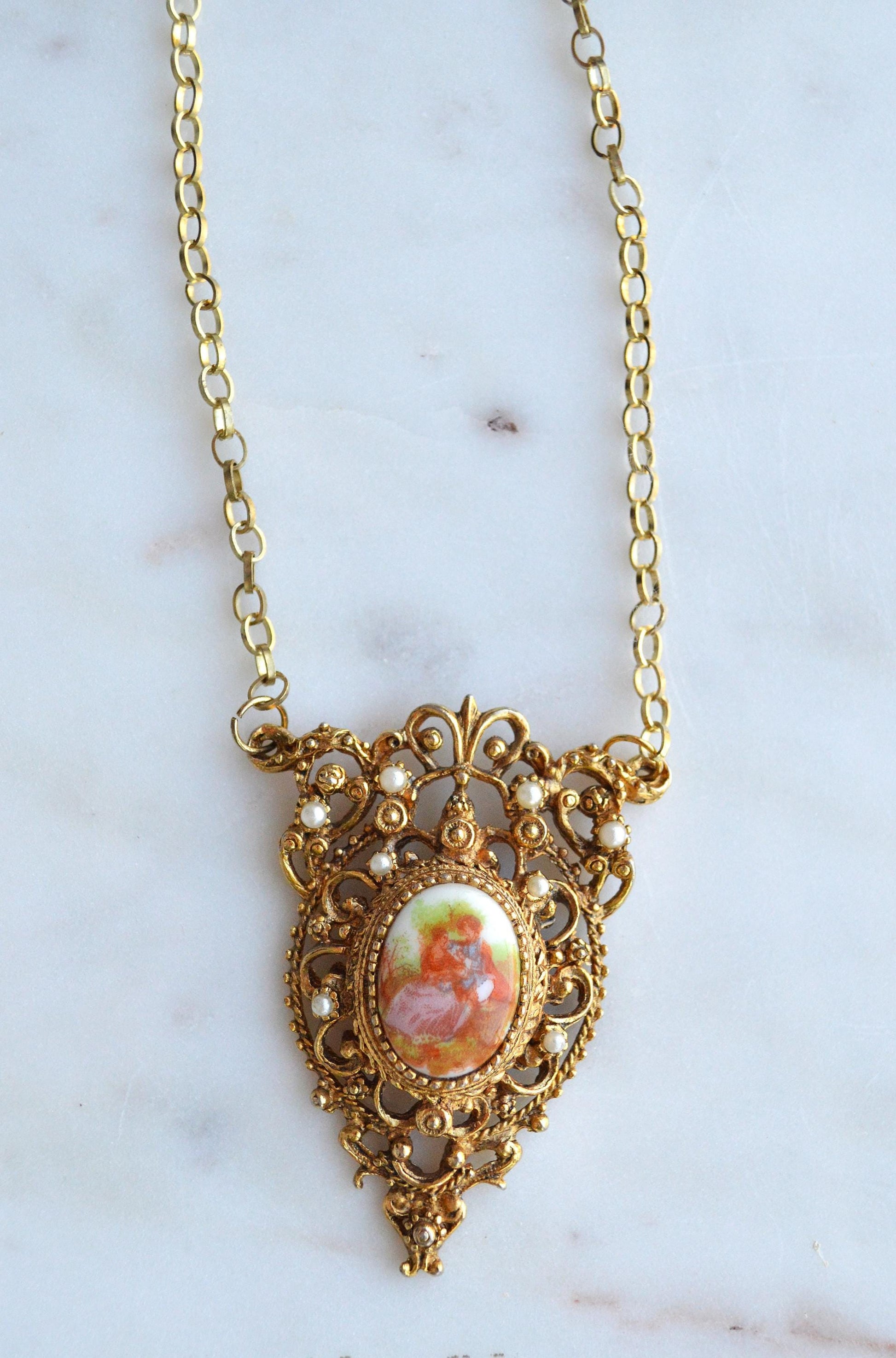 Vintage Mid-Century Victorian Revival Ornate Filigree Porcelain Pendant Necklace