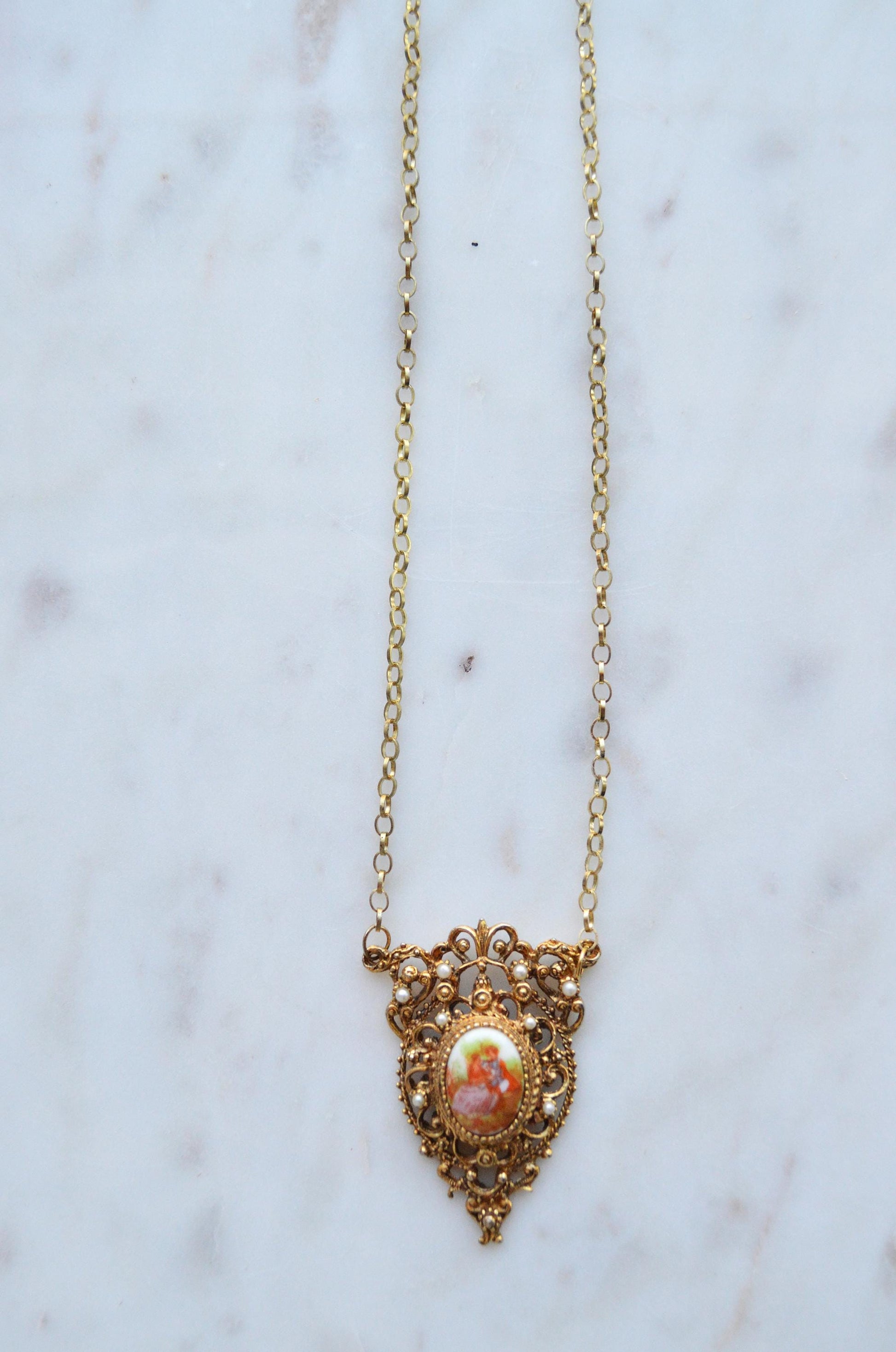 Vintage Mid-Century Victorian Revival Ornate Filigree Porcelain Pendant Necklace