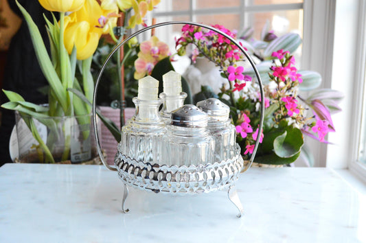 Antique Silver Plated Cruet and Condiment Set, Salt and Pepper Shakers with Caddy