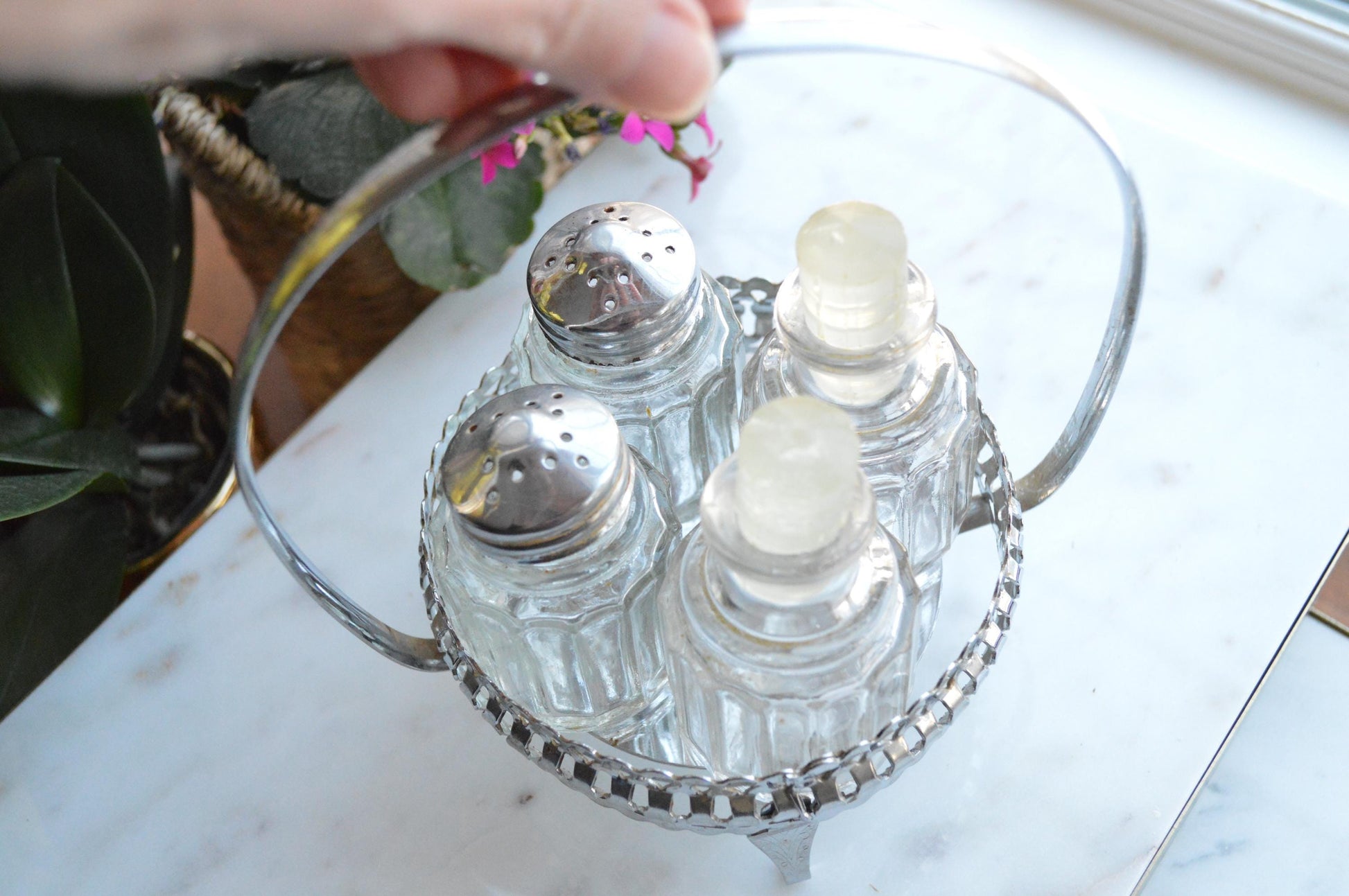 Antique Silver Plated Cruet and Condiment Set, Salt and Pepper Shakers with Caddy