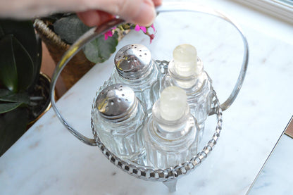 Antique Silver Plated Cruet and Condiment Set, Salt and Pepper Shakers with Caddy