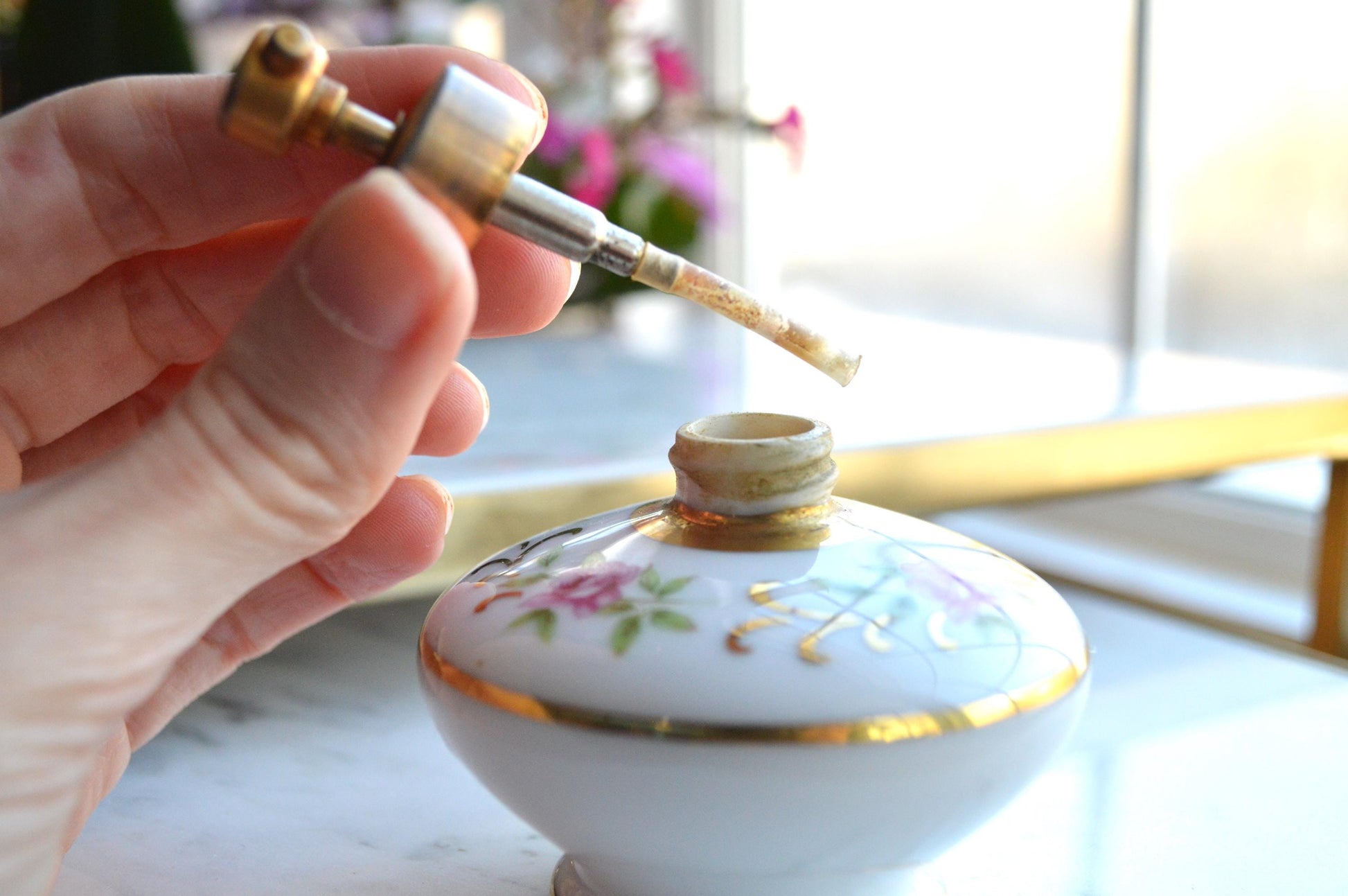 Vintage Holmspray Mid-Century Porcelain Perfume Bottle, T.J. Holmes, Chartley Mass., Gold Trim