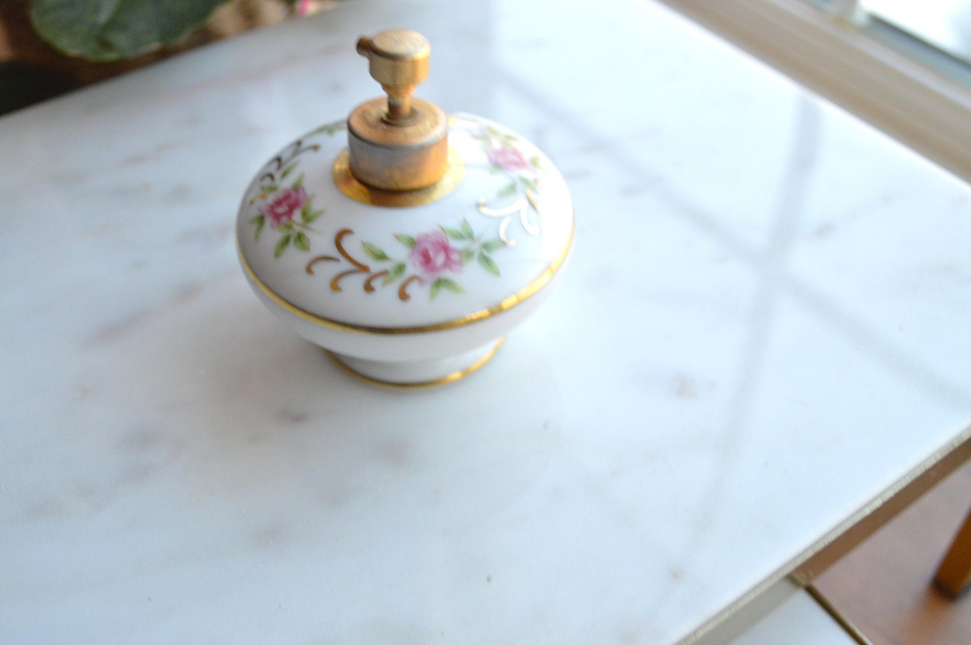 Vintage Holmspray Mid-Century Porcelain Perfume Bottle, T.J. Holmes, Chartley Mass., Gold Trim