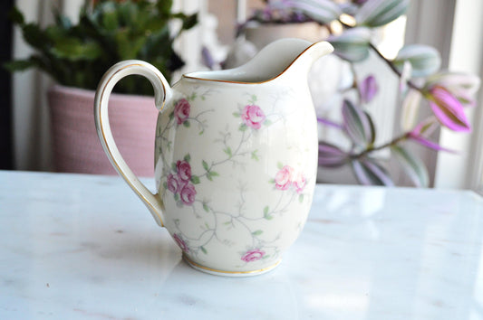 Vintage Schumann Arzberg Germany Porcelain Creamer, Pink Rose Pattern, Gold Trim, Circa 1932-1944