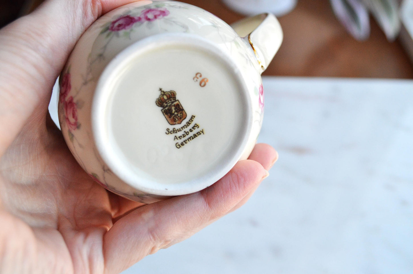 Vintage Schumann Arzberg Germany Porcelain Creamer, Pink Rose Pattern, Gold Trim, Circa 1932-1944