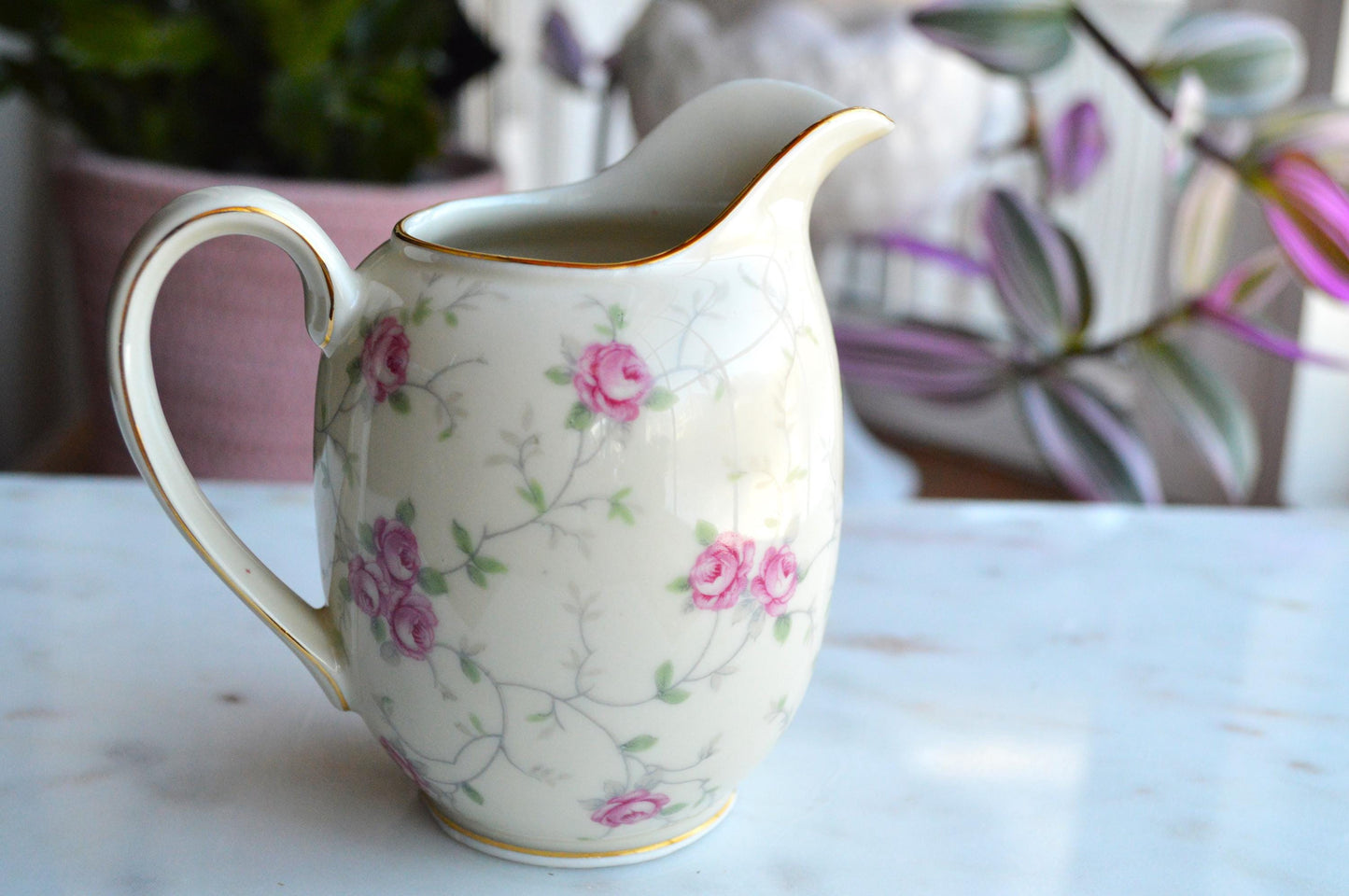 Vintage Schumann Arzberg Germany Porcelain Creamer, Pink Rose Pattern, Gold Trim, Circa 1932-1944