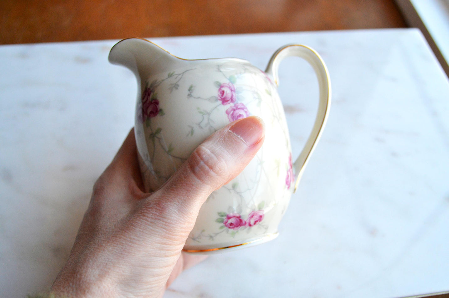 Vintage Schumann Arzberg Germany Porcelain Creamer, Pink Rose Pattern, Gold Trim, Circa 1932-1944