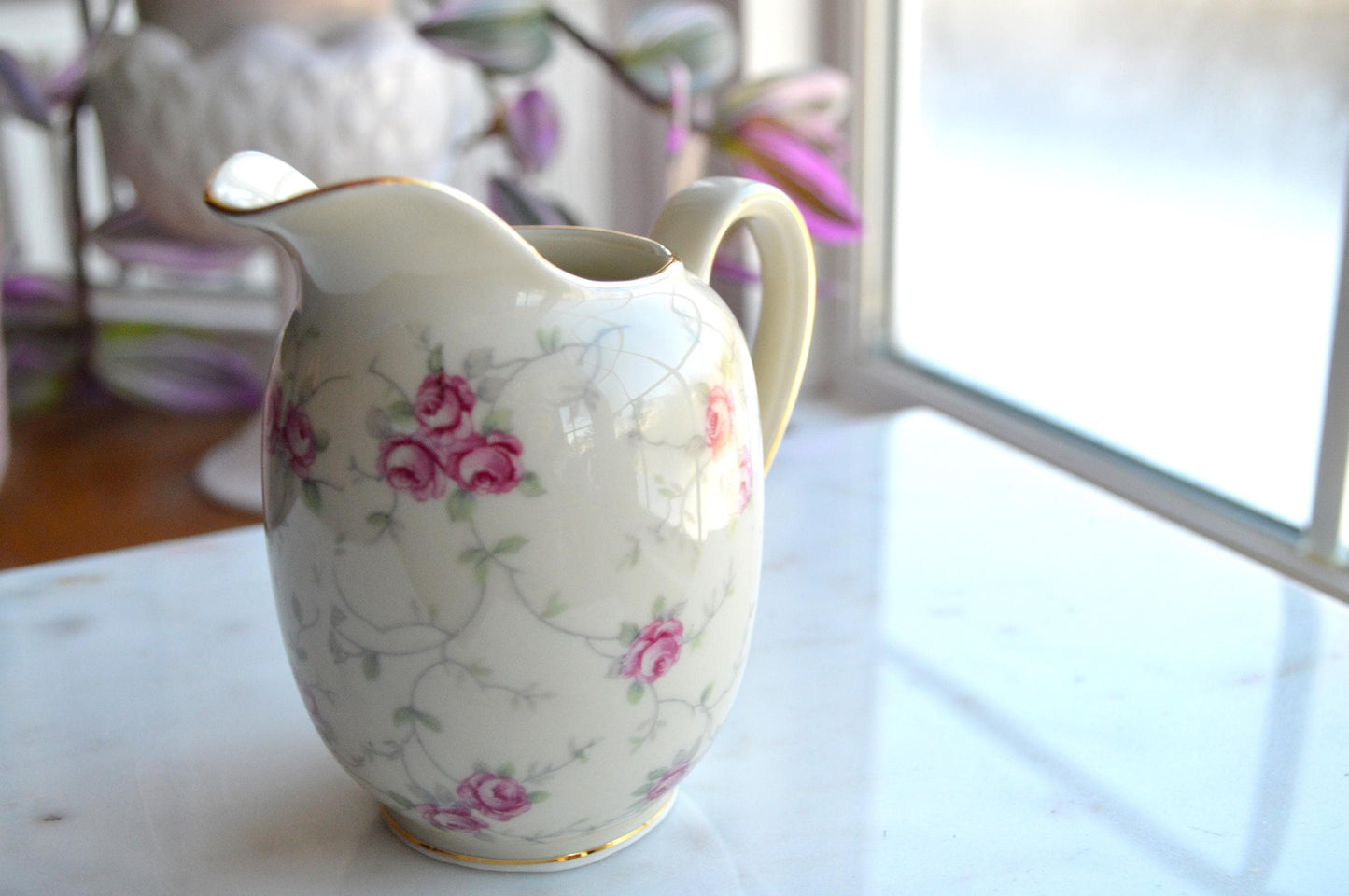 Vintage Schumann Arzberg Germany Porcelain Creamer, Pink Rose Pattern, Gold Trim, Circa 1932-1944