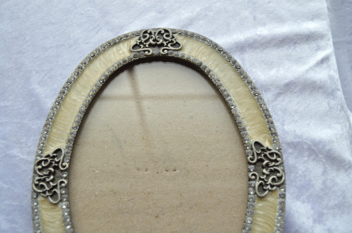 Victorian Style Vintage Silver & Cream Enamel Ornate Picture Frame with Rhinestone Accents.