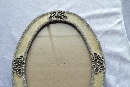 Victorian Style Vintage Silver & Cream Enamel Ornate Picture Frame with Rhinestone Accents.